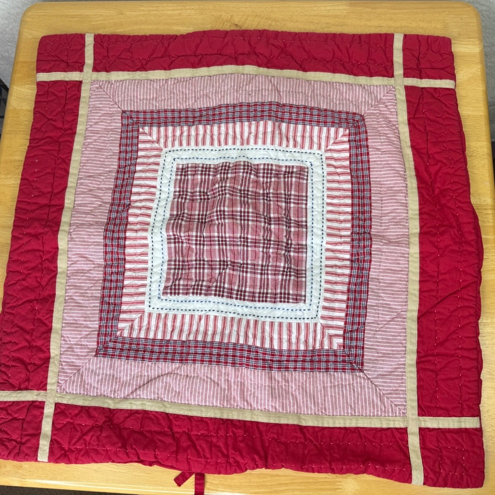 Pottery Barn Kids Red Plaid Striped Quilted Patchwork Euro Sham 26x26 Cotton